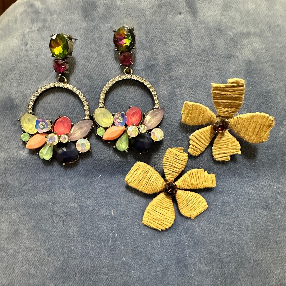 Colorful Gemstone Hoop Earrings and Gold Flower Earrings.